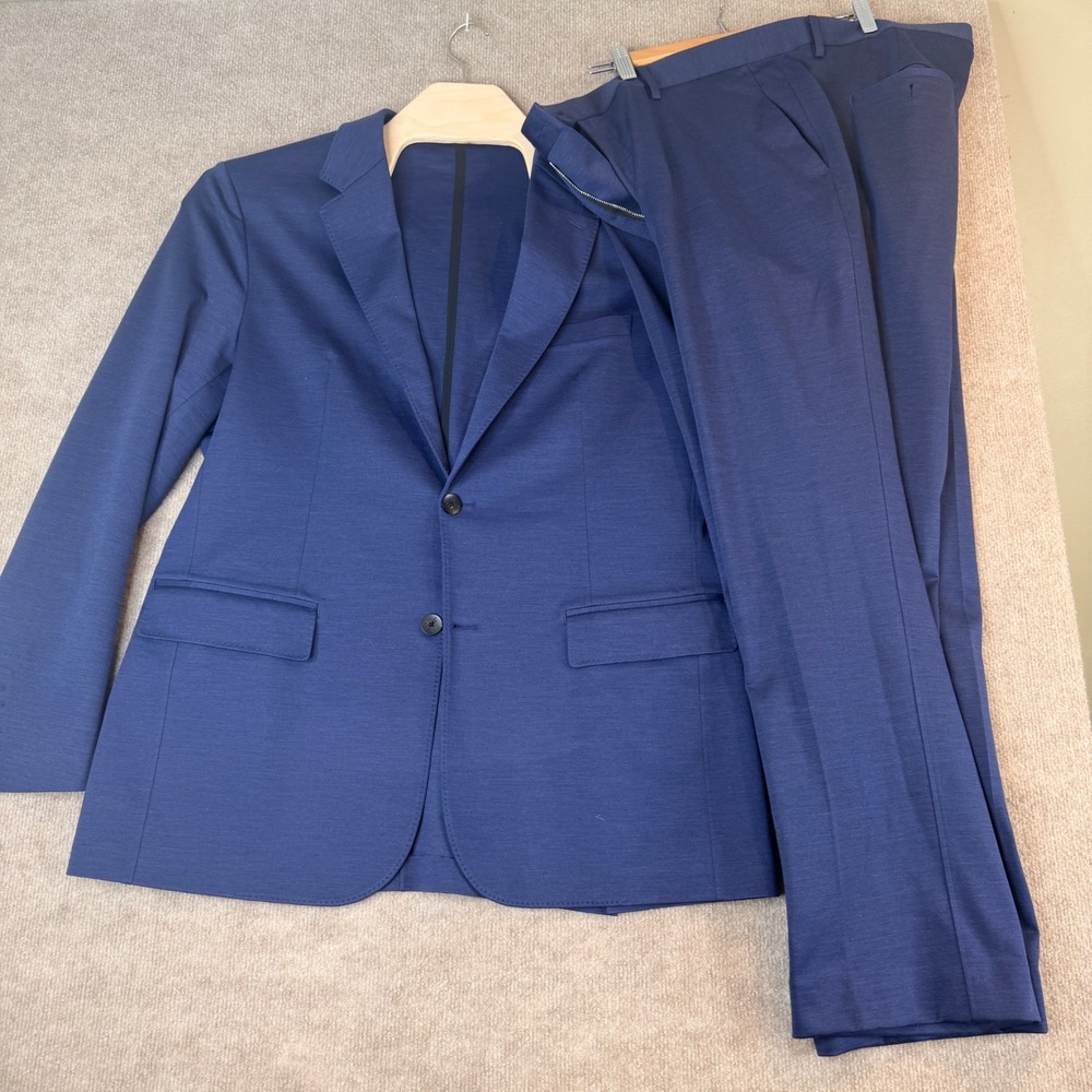 X Suit Mens Navy Blue Tailored Fit 2-Piece Wool Blend Stretch Suit 48L 46R